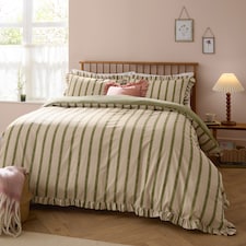 Wylder Connie Striped Ruffle Duvet Cover Set | Green | Olive | Super King | 1