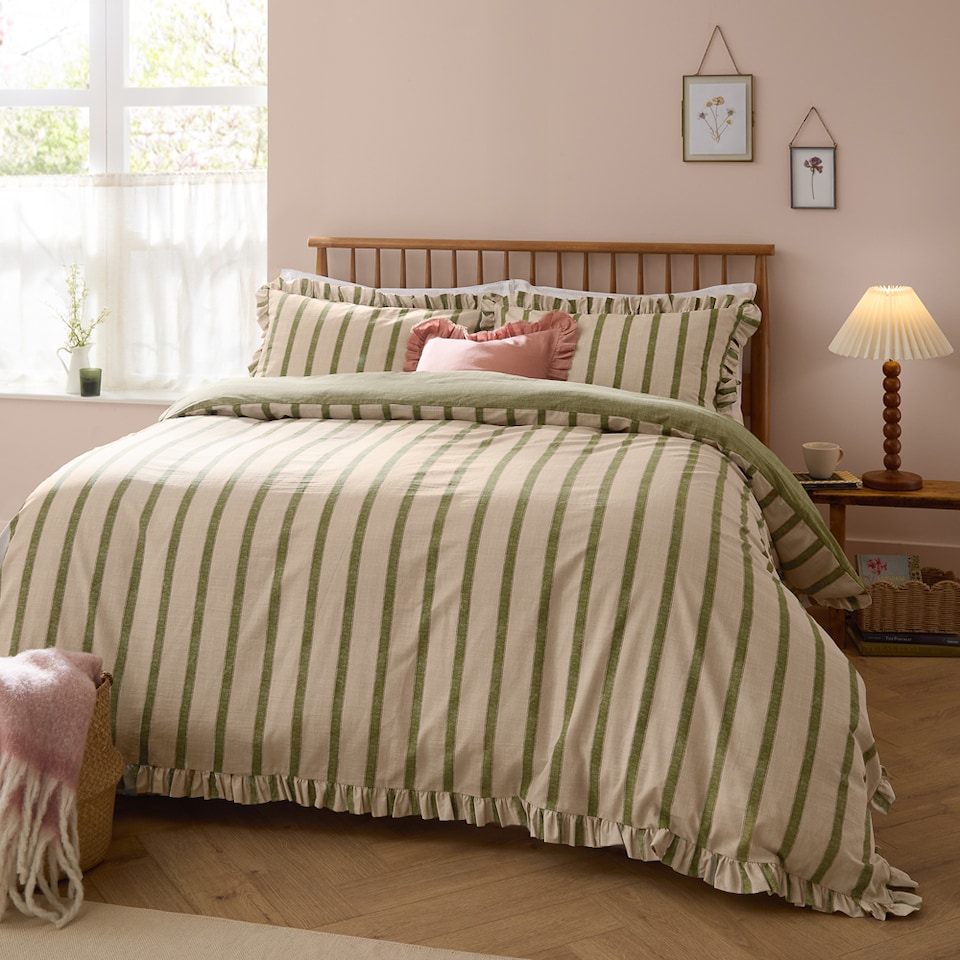 image 1 of Wylder Connie Striped Ruffle Duvet Cover Set | Green | Olive | Super King | 1