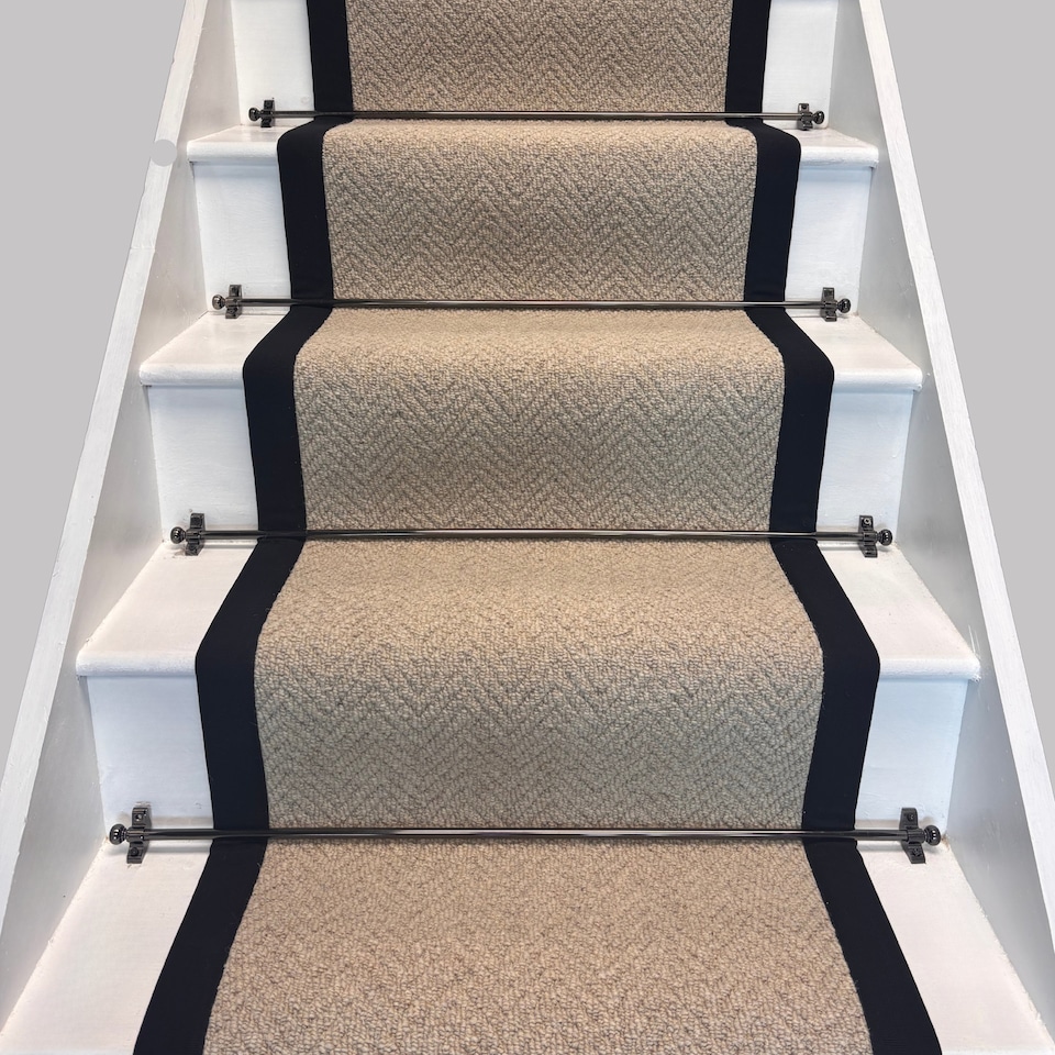 image 1 of Herringbone Royal Sterling Wool Stair Runner with 100% Cotton Black Border Sample
