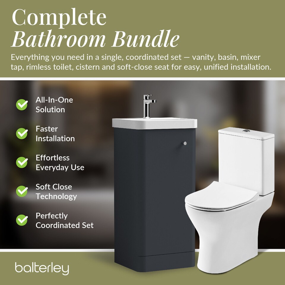 image 1 of Balterley Contemporary Floor Standing 1 Door Bathroom Vanity Unit, Basin, Tap & Toilet Pack | Grey | Satin Soft Black | 814 x 379 x 342mm