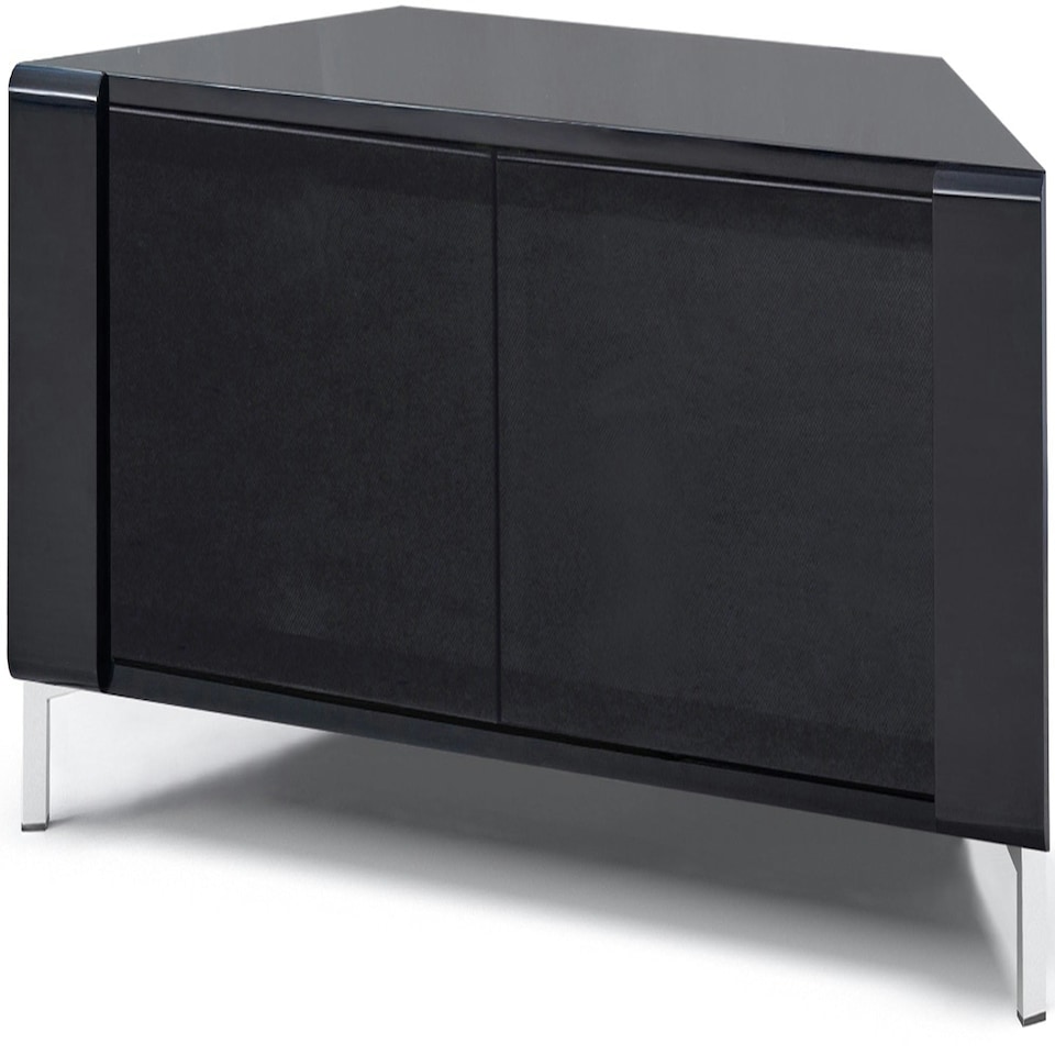 image 1 of MDA Designs CORVUS Corner-Friendly Gloss Black Contemporary Cabinet with BeamThru Glass Doors Modern Space-Saving Stand for Flat Screen TVs up to 50" Black