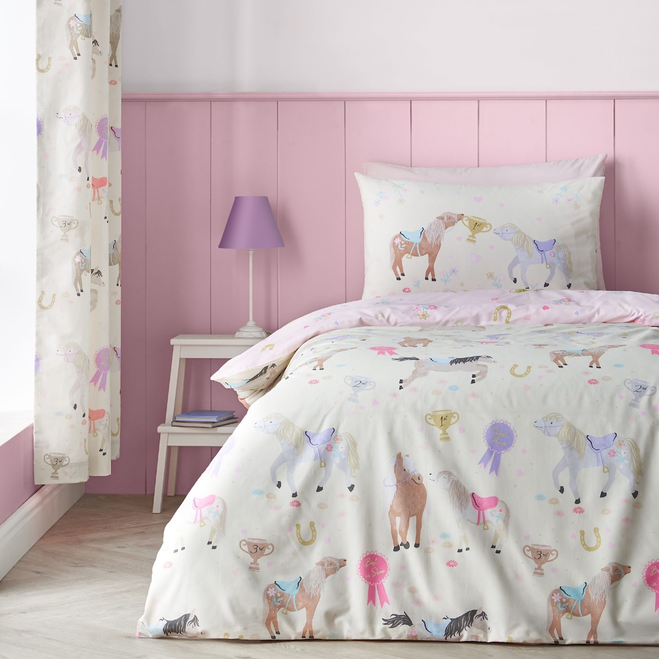 image 1 of Catherine Lansfield Happy Horses Reversible Duvet Cover Set | Cream | Double