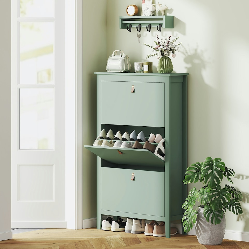 image 1 of HOMCOM 3 Drawer Shoe Cabinet with Flip Doors for Hallway, Entryway Green | 80W x 24D x 131H cm