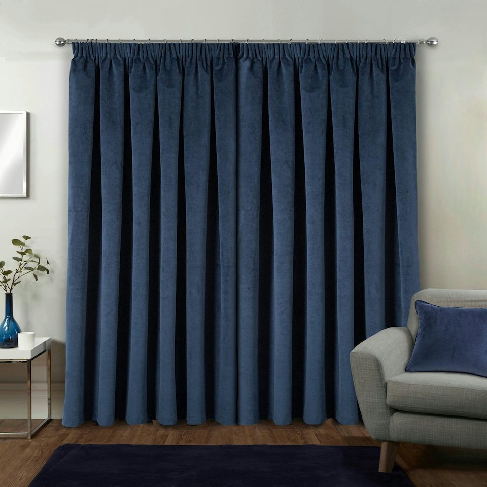 image 1 of Oxford Navy Velvet Curtains 46 x 54 inch (117 x 137 cm) 100% Blackout Pencil Pleat Thermal Noise Reducing Curtains for Bedroom and Living Room