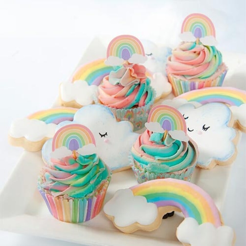 image 1 of Pastel Rainbow Cupcake Food Pick Toppers - Pack of 12