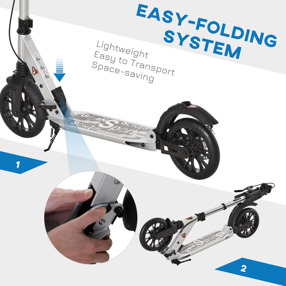 image 1 of HOMCOM Adult Teens Kick Scooter Foldable Height Adjustable Aluminium Ride On Toy for 14 older with Rear Wheel & Hand Brake, 200mm Big Wheels, Shock Mitigation System - Silver