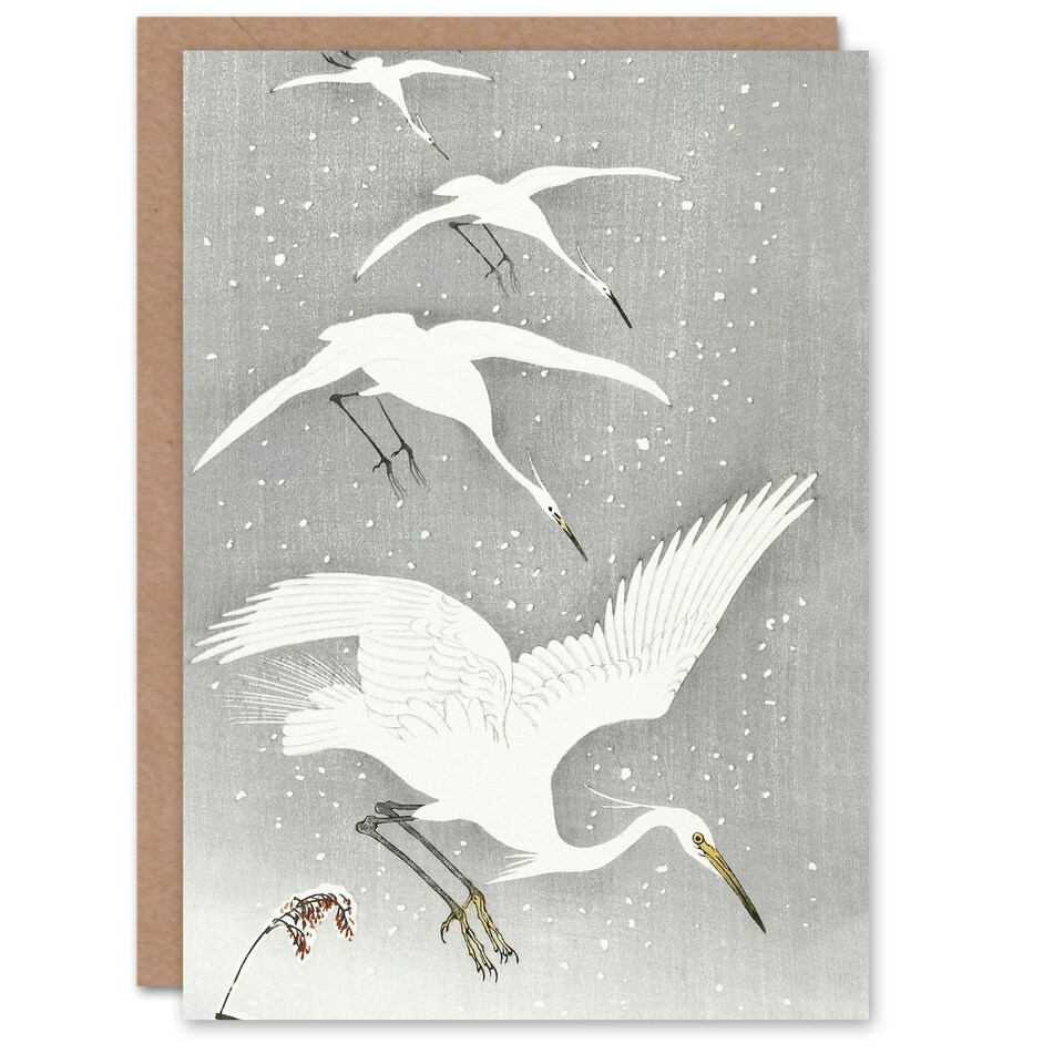 image 1 of Ohara Koson Art Card Descending Egrets In Snow Vintage