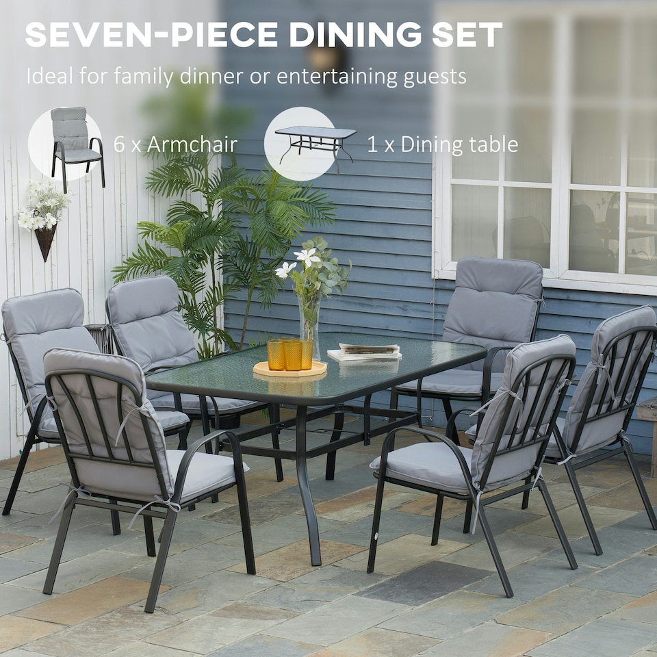 image 1 of Outsunny 7 PCs Garden Dining Set, Glass Table with Umbrella Hole