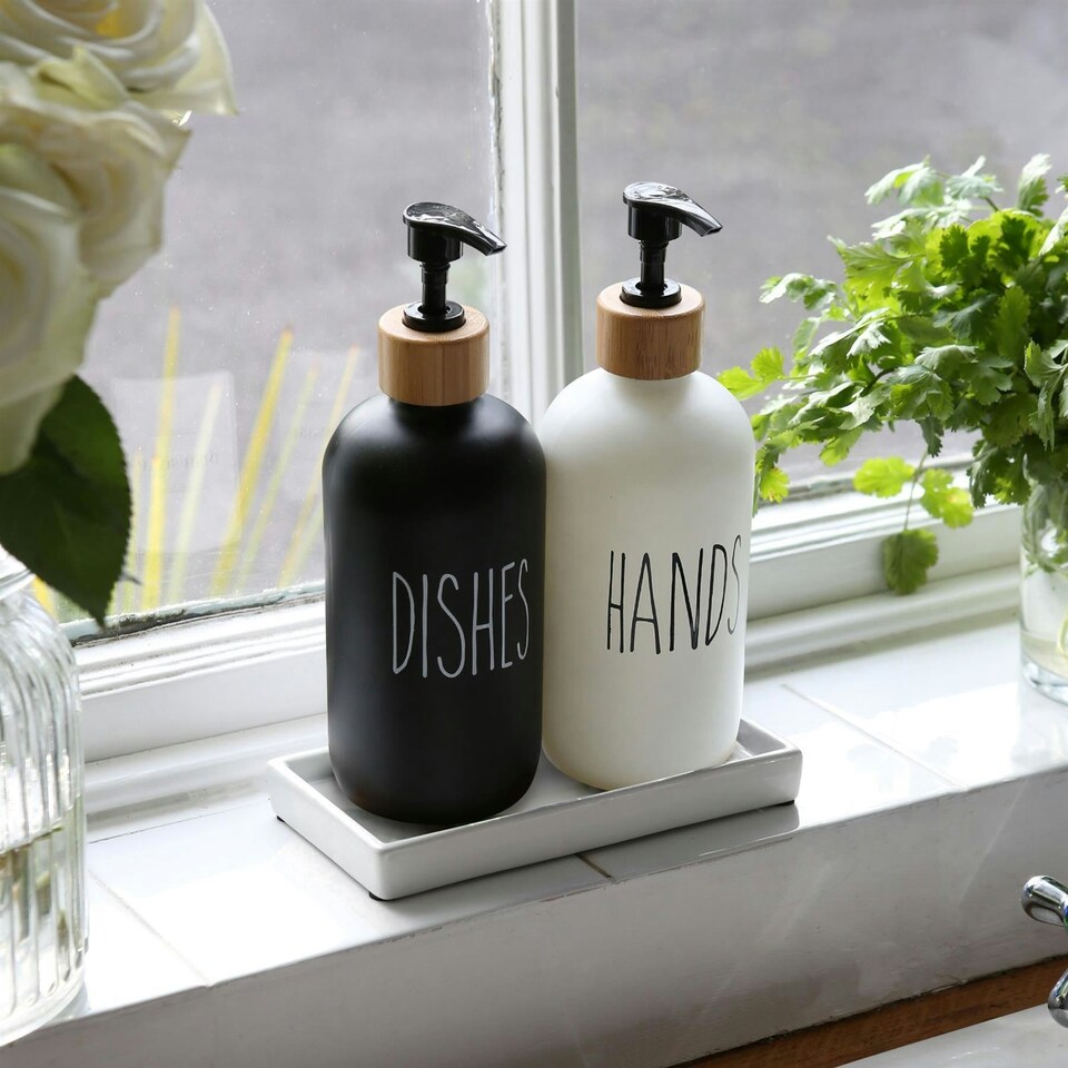 image 1 of Harbour Housewares 2pc Glass Hand & Dish Soap Dispenser Set with Ceramic Tray - 500ml - White/Black