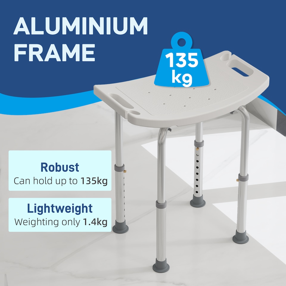 image 1 of HOMCOM Height Adjustable Shower Stool, Aluminium Shower Chair, Non-Slip Bath Stool for Elderly, Disabled, Seniors, Pregnant, White