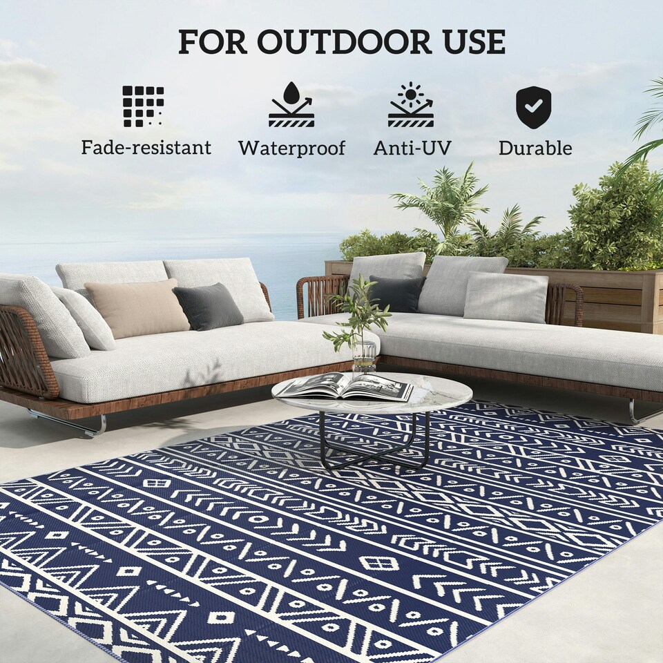 image 1 of Outsunny 1.8 x 2.7m Reversible Outdoor RV Rug, Geometric, Blue and White Blue | Blue and White Geometric