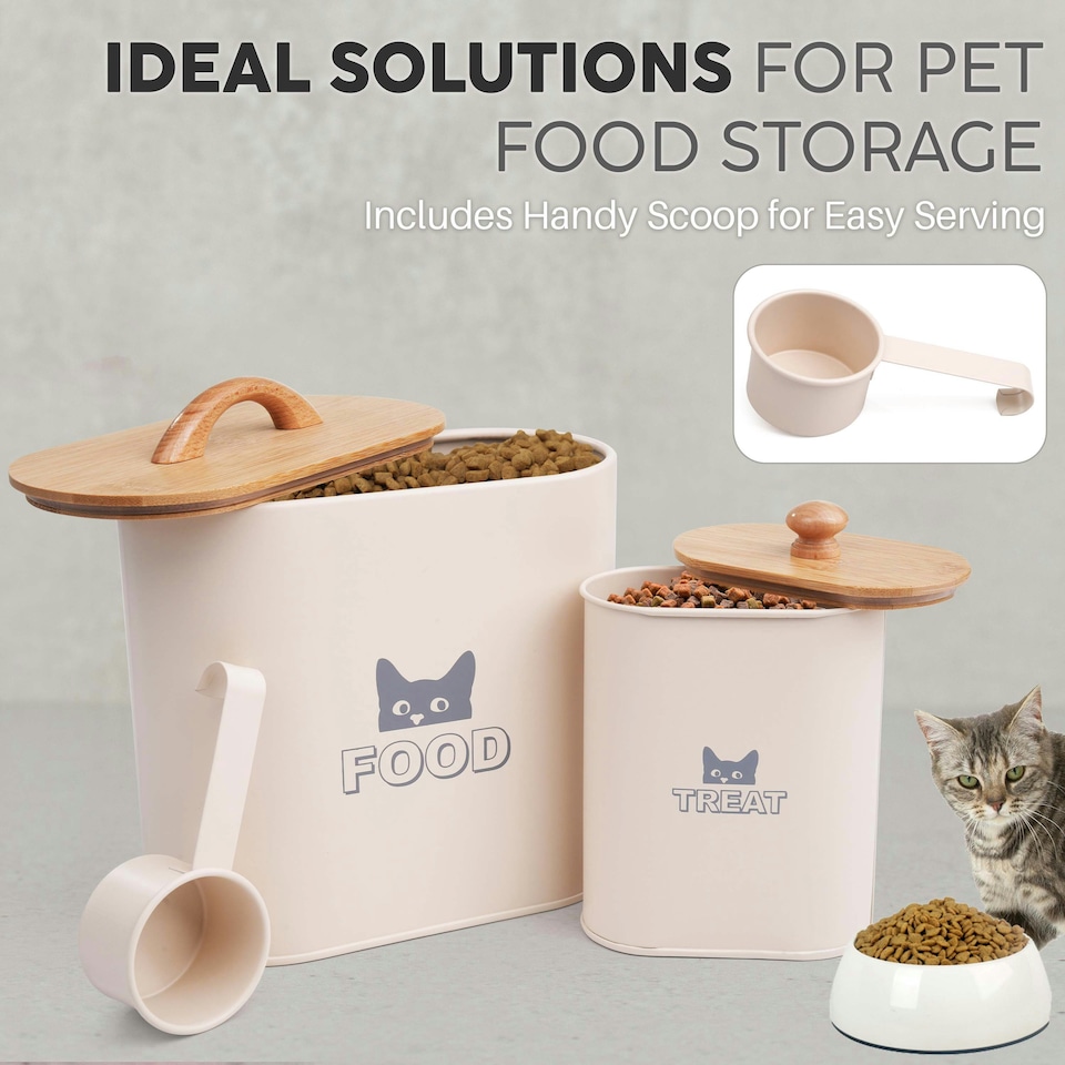image 1 of CAT FOOD STORAGE CONTAINER WITH SCOOP DRY FOOD TIN RETRO VINTAGE WOODEN LID Cream | Cream