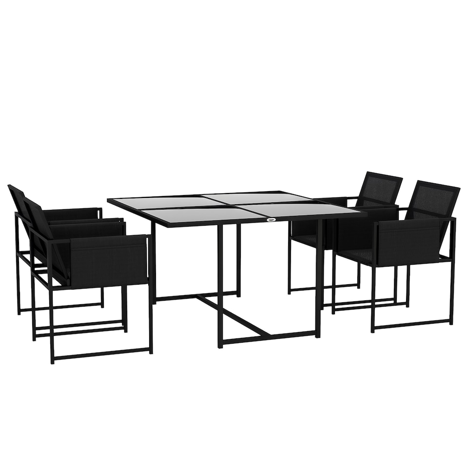 image 1 of Outsunny 5 Piece Garden Dining Set, 4 Seater Outdoor Table and Chairs with Texteline Seat, Space Saving Cube Set with Foldable Backrest, Tempered Glass Table Top, for Patio, Black