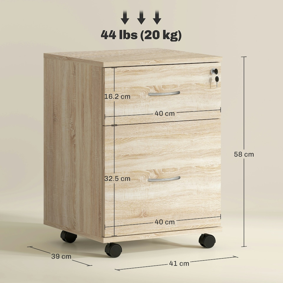 image 1 of HOMCOM Pedestal Office Mobile Filing Cabinet 2 Drawer Wooden Storage Oak