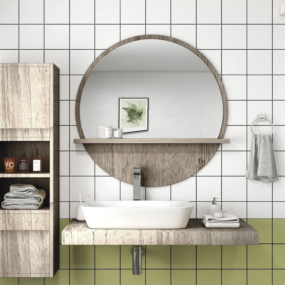 image 1 of kleankin 45cm Wall Mounted Bathroom Mirror, Round Mirror with Shelf, Framed Makeup Mirror for Home Decoration, Grey Wood Effect