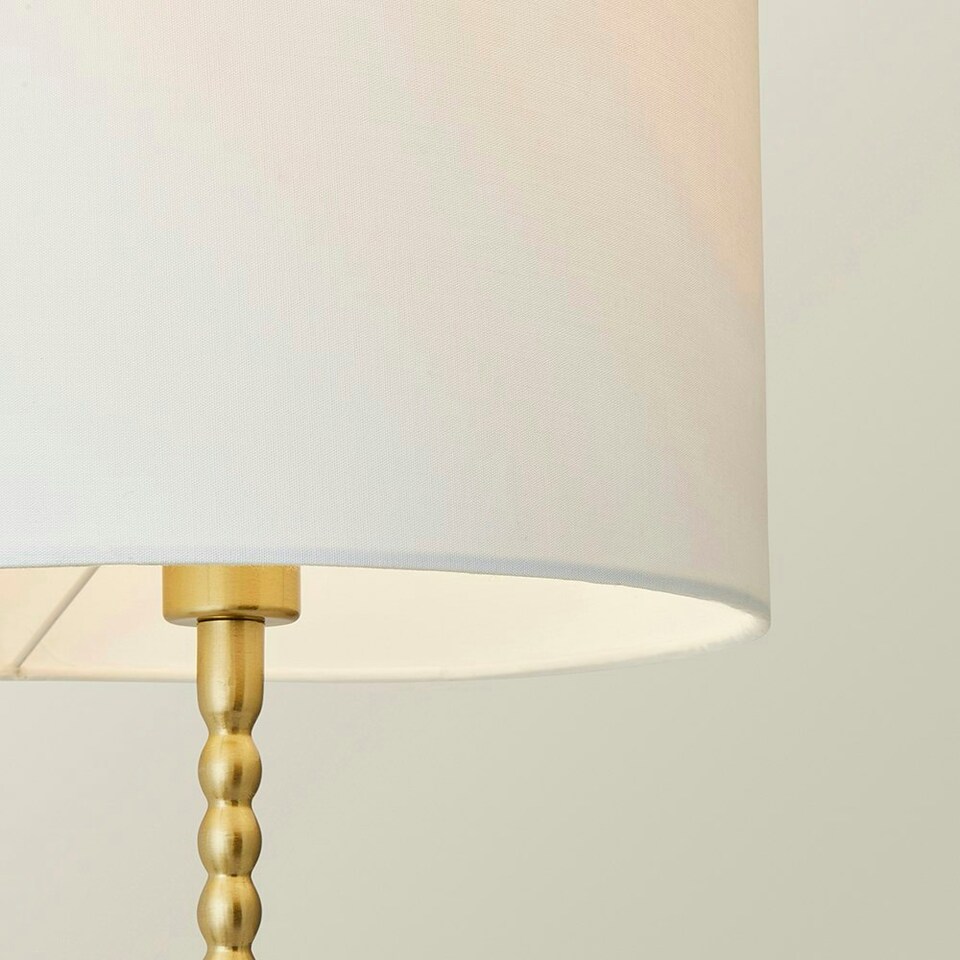 image 1 of ValueLights Maeve White Drum Lamp Shade Brushed Gold Bobbin Bobble Table Lamp and LED Bulb Gold