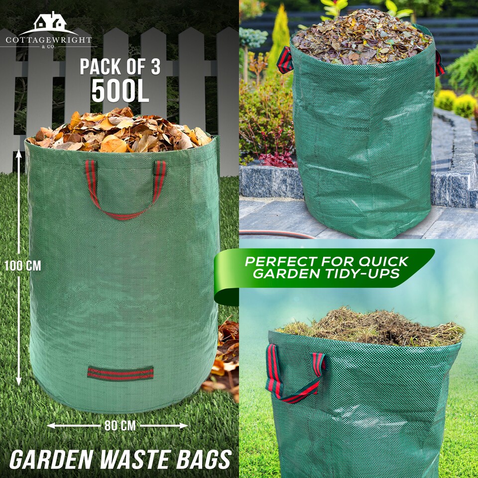 image 1 of Garden Bags Heavy Duty with Handles Reusable Garden Waste Bags for Plant, Grass, Dirt, Leaves Collection - Pack of 3