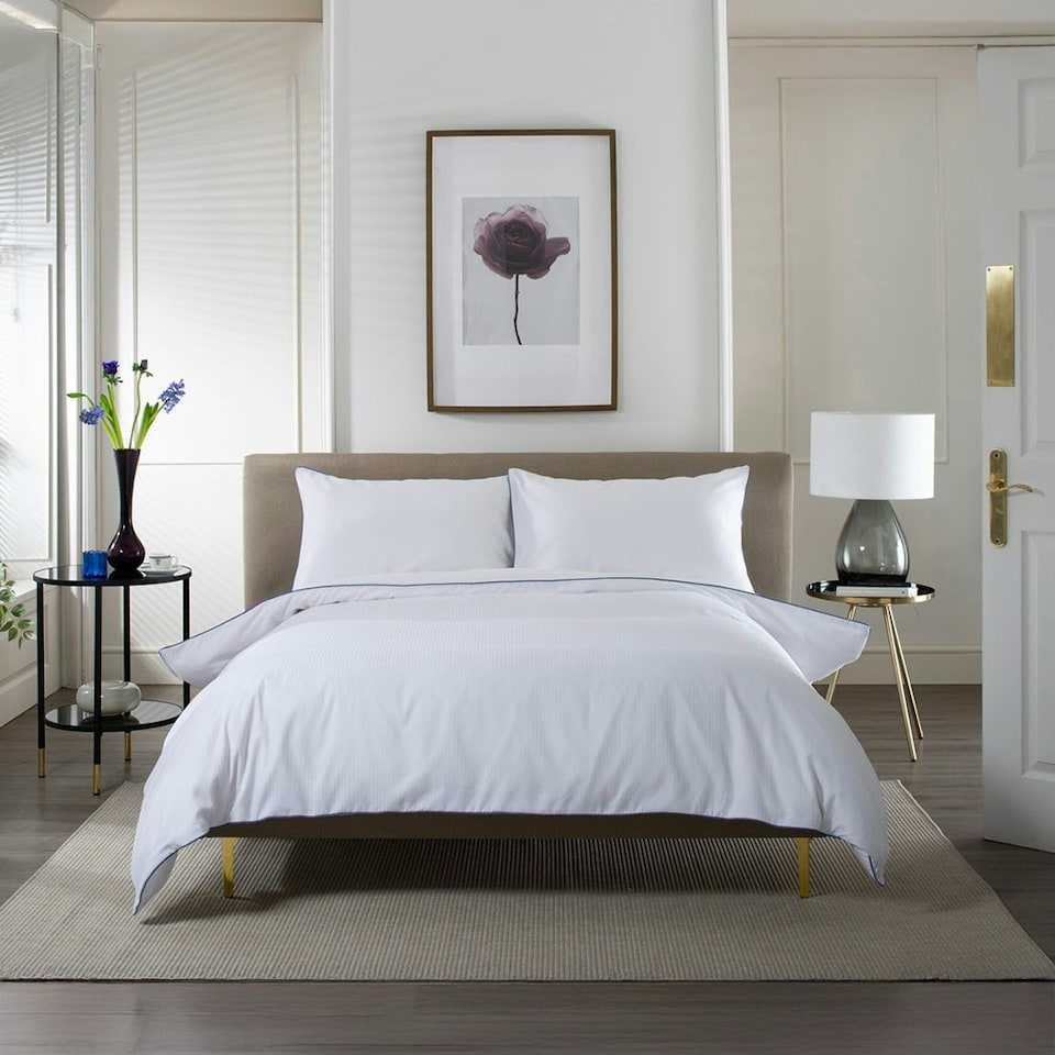 image 1 of 240 Thread Count 100% Cotton White Duvet Cover Set – Ridgeway Sateen Striped with Piped Detailing White | Super King