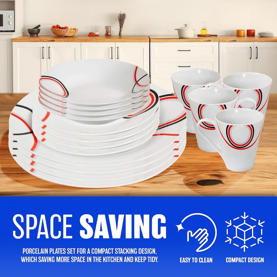 image 1 of 16 Piece Dinner Set Red & Black Pattern Dinnerware Plates Mugs Home
