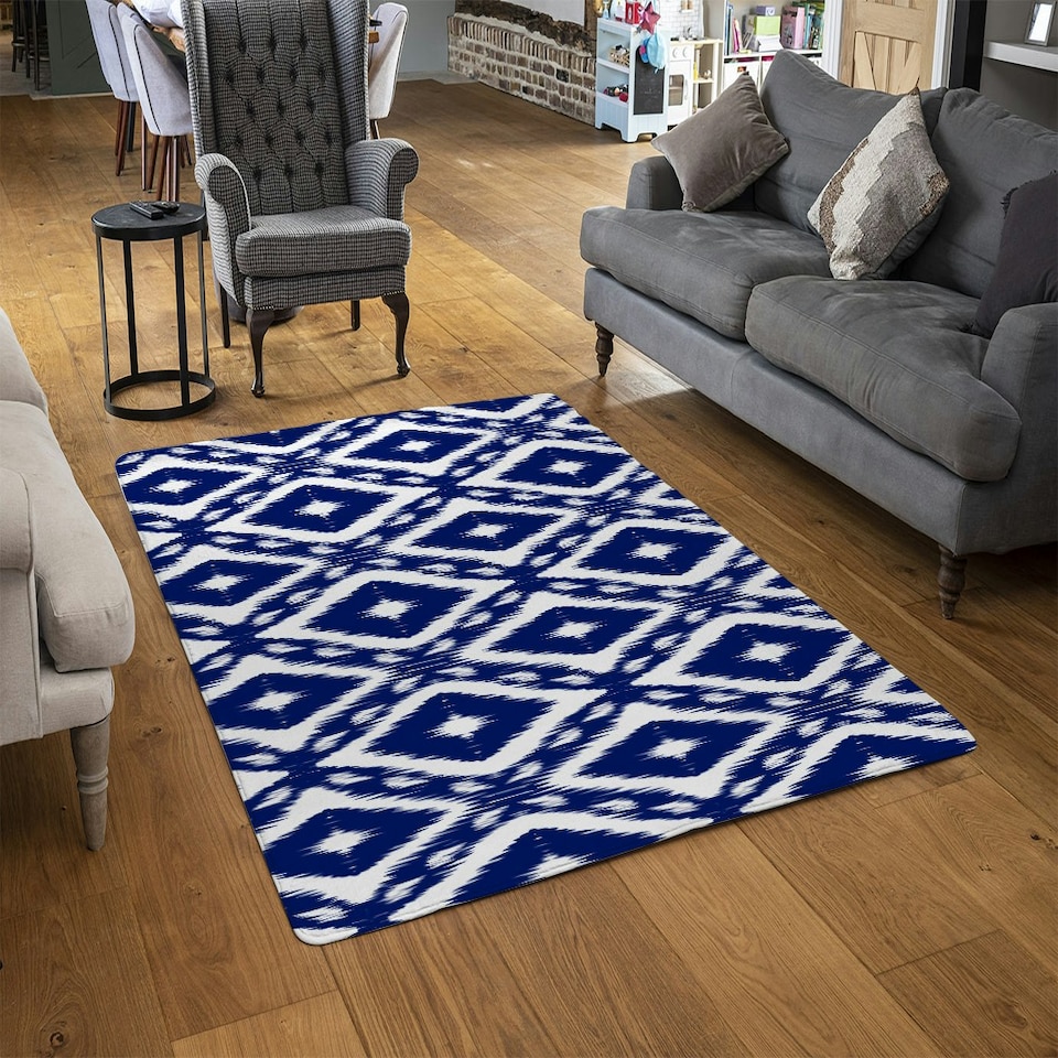 image 1 of Tribal Art Ikat Ogee in traditional classic blue (Rug) Blue | Large: 140x200cm