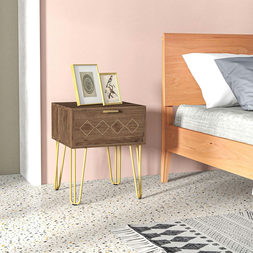 image 1 of HOMCOM Bedside Table with Drawer, Gold Metal Legs for Living Room