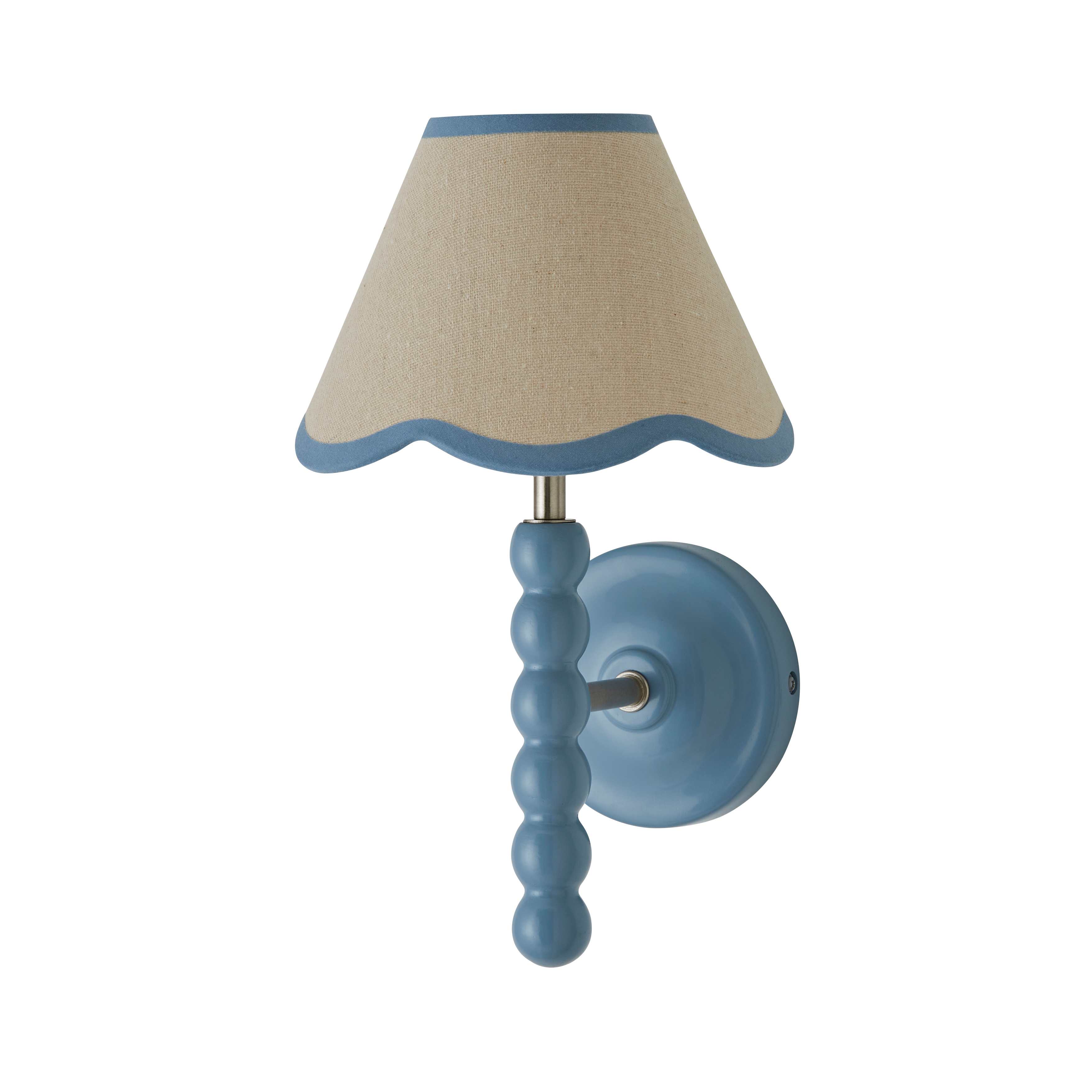 ValueLights Bobbins Powder Blue Bobble Wall Light & Linen Pastel Trim Lamp Shade in Pale Blue
