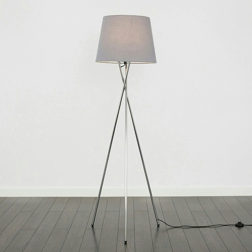 image 1 of ValueLights Camden Chrome Tripod Floor Lamp Grey Taper Shade & Bulb Grey