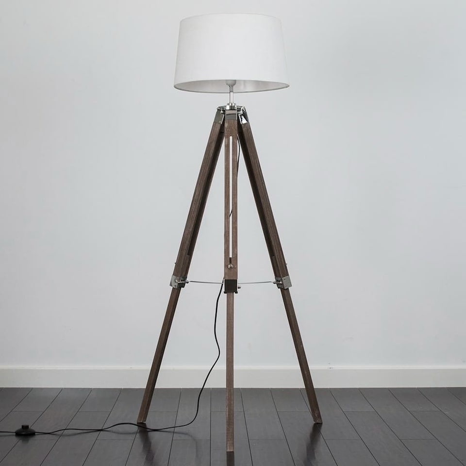 image 1 of ValueLights Modern Distressed Wood And Silver Chrome Tripod Floor Lamp With White Shade | White