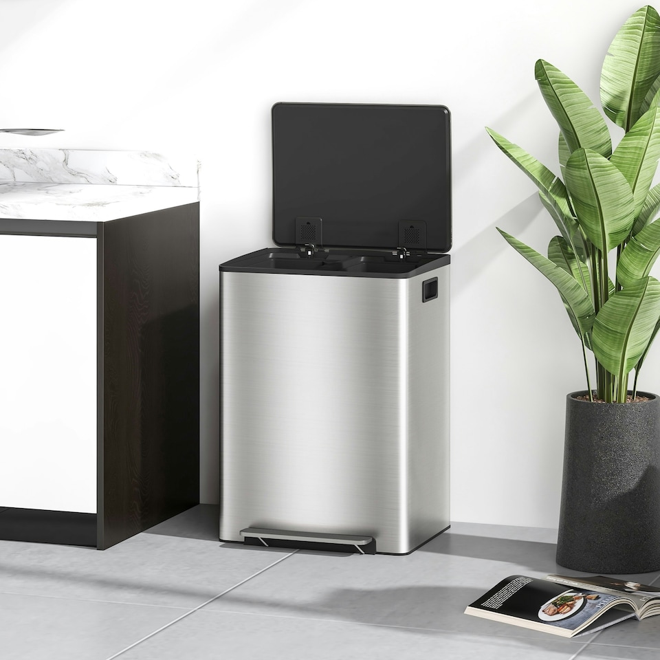 image 1 of HOMCOM 2 x 30L Double Kitchen Bin, Pedal Bin with Soft-Close Lid, Silver | Silver | 1