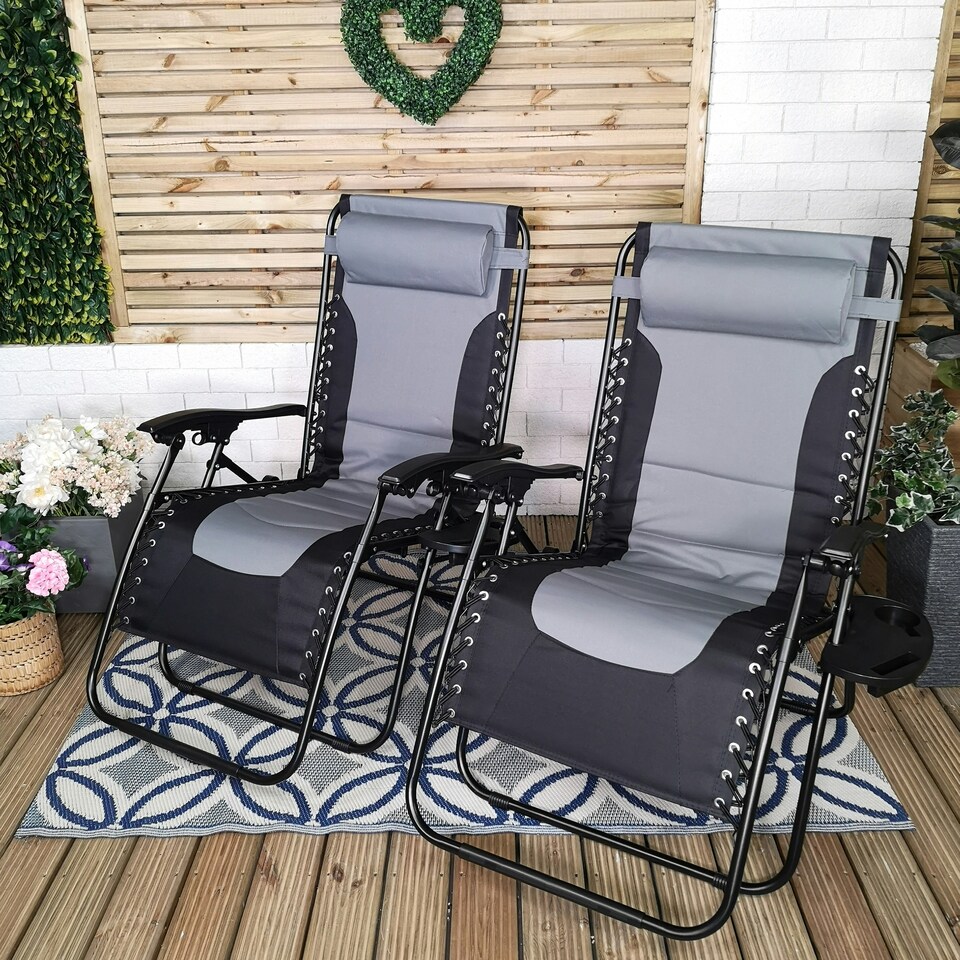 image 1 of Set of 2 Luxury Padded Multi Position Zero Gravity Garden Relaxer Chair Lounger in Grey & Black