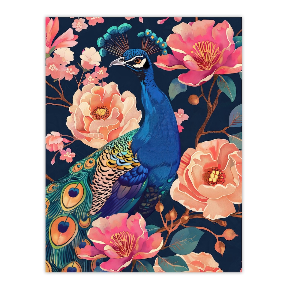 image 1 of Peacock Bird Pink Flower Pattern Living Room Black Framed Wall Art Print A4