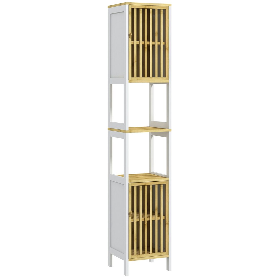 image 1 of HOMCOM Tall Bathroom Cabinet Bamboo Cupboard with Adjustable Shelves, White | White | Natural | Tall