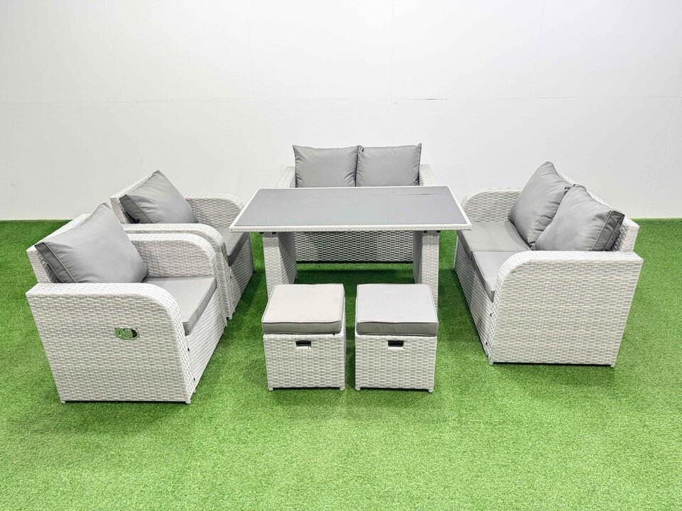image 1 of Fimous 7 Pieces Outdoor PE Rattan Sofa Reclining Chair Set Patio Garden Furniture Sets with Cushions 2 Small Stools Light Grey