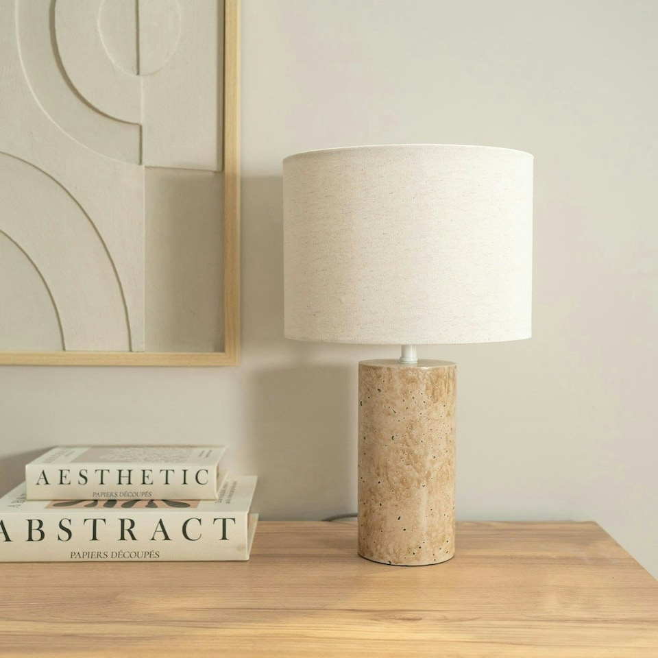 image 1 of ValueLights Chloe Pair of - Natural Marble Effect Bedside Table Lamp with Neutral Linen Shade