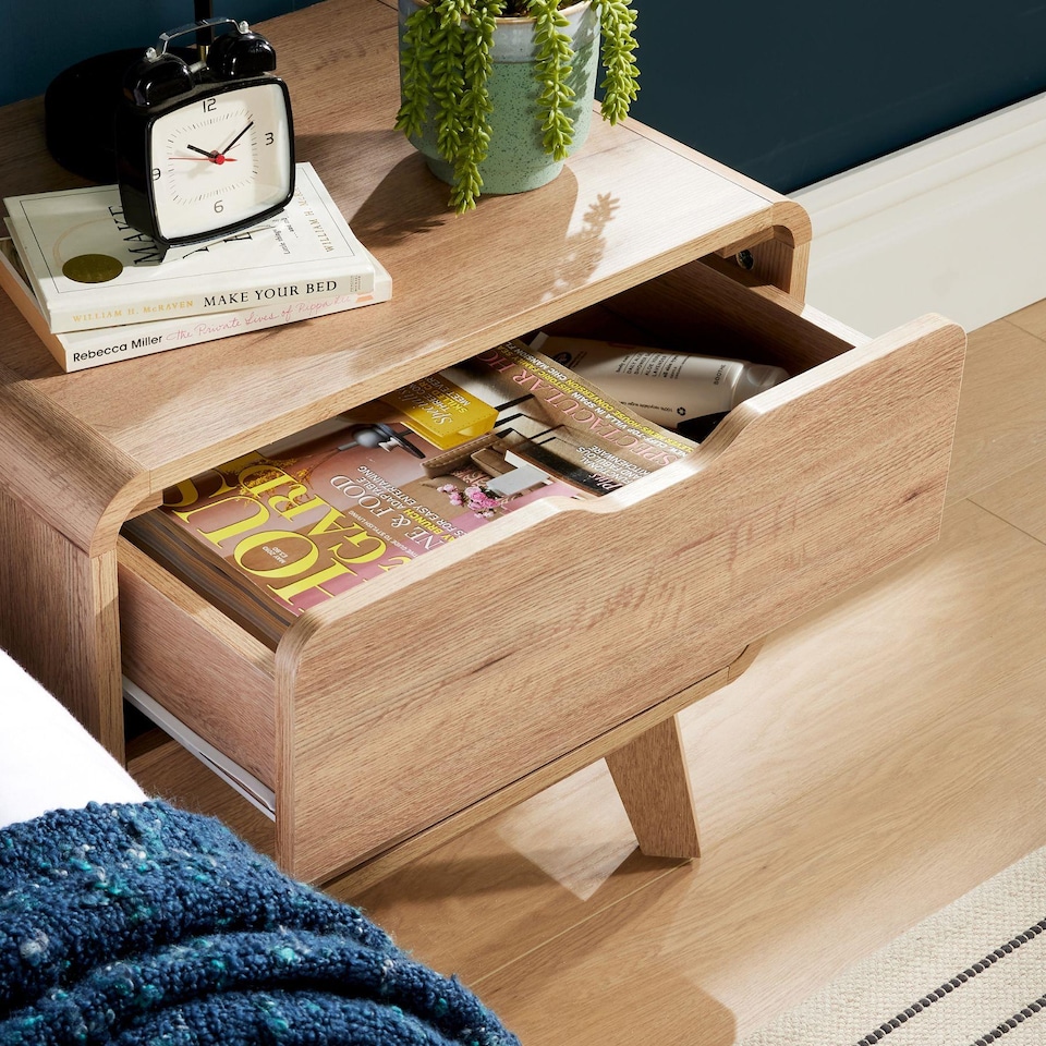 image 1 of 2 Drawer Bedside Oak Effect Scandi Legs Bedroom Furniture Nightstand Table Unit