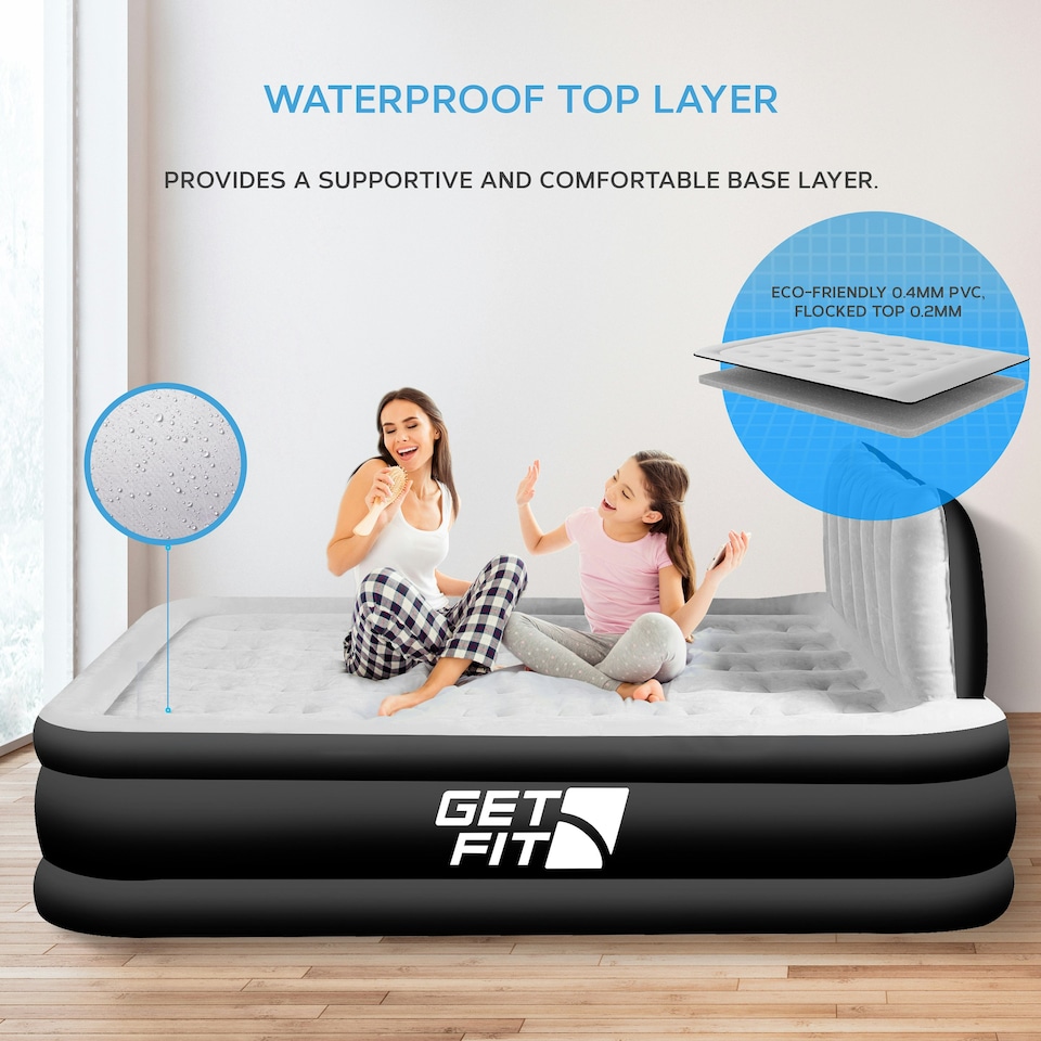 image 1 of Get Fit Air Bed With Built In Electric Pump - King Airbed Blow Up Bed With Headboard, 2 Free Inflatable Pillows - Elevated Inflatable Air Mattress - Black/Grey