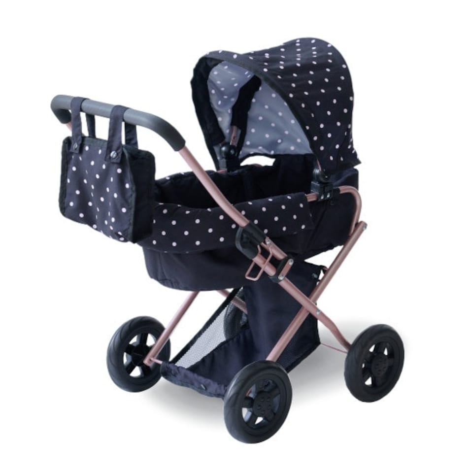 image 1 of Teamson Kids 2-in-1 Classic Doll Stroller in Black with Removable Bassinet, Adjustable Canopy, Storage Basket & Bag