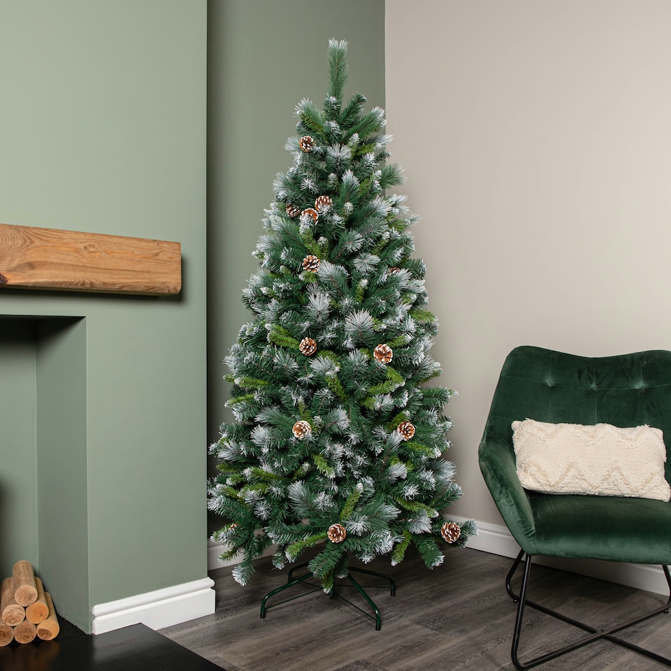 image 1 of 6ft (1.8m) Frosted Glacier Pine Snow Tipped Christmas Tree with Pine Cones and 710 Tips