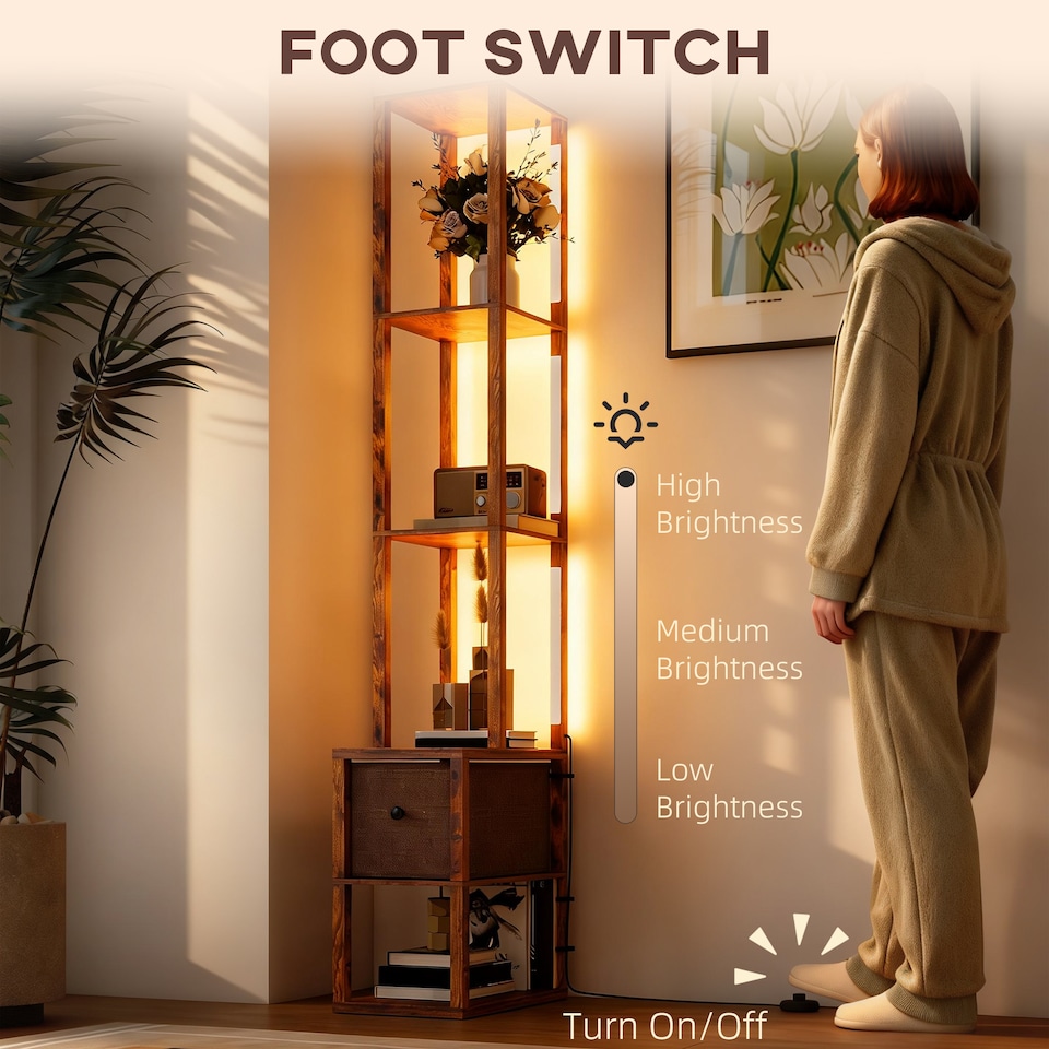image 1 of HOMCOM LED Floor Lamp, Standing Lamp with Shelves and Fabric Drawer, Brown | Brown