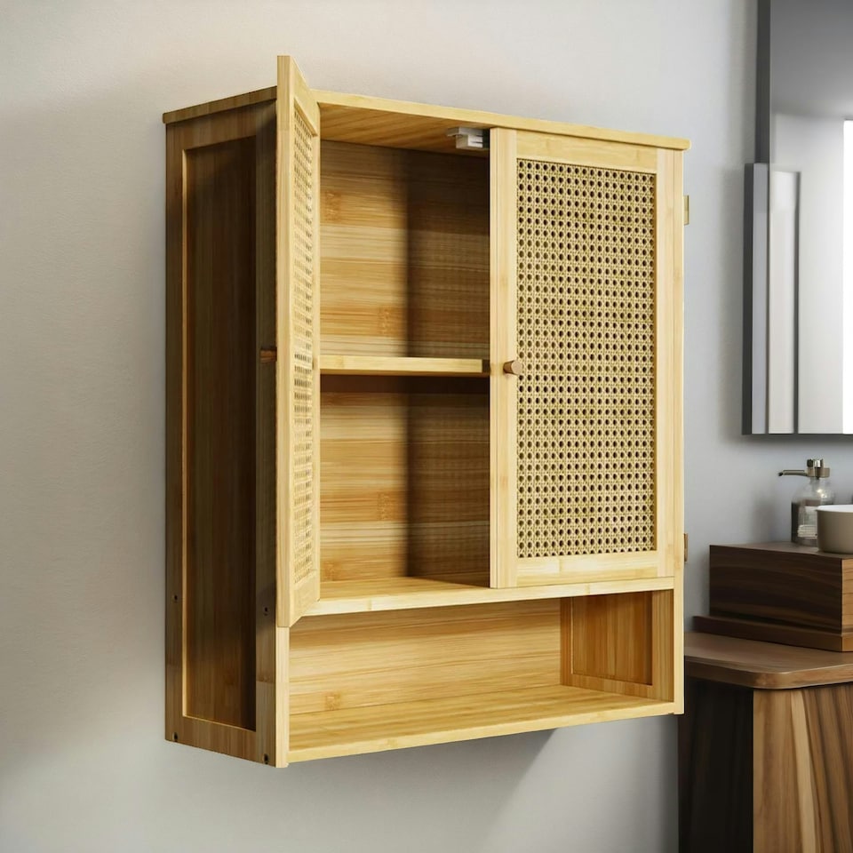 image 1 of Wooden Bathroom Wall-Mounted Storage Cabinet Organiser Natural Brown Brown