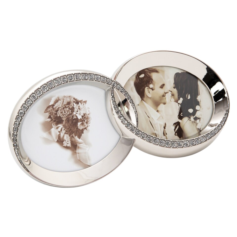 image 1 of Double Heart Silver Picture Frame with Square Etched Diamante Crystals | Silver | 4" x 4"