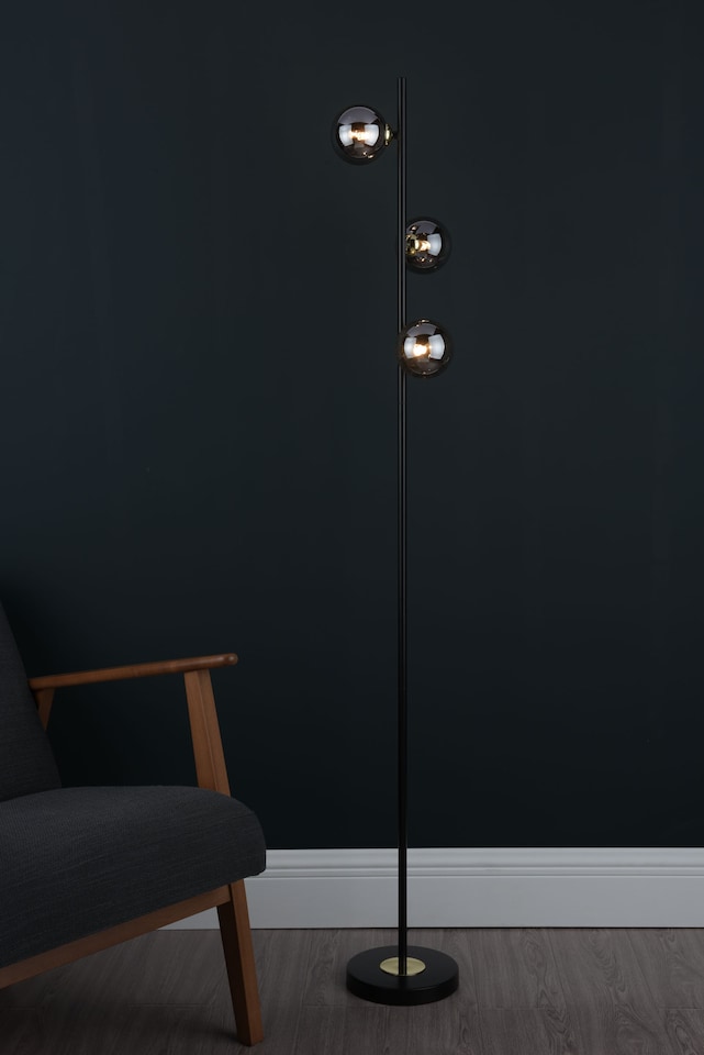 image 1 of Eaen 3 Light Black and Gold Floor Lamp with Smoked Glass
