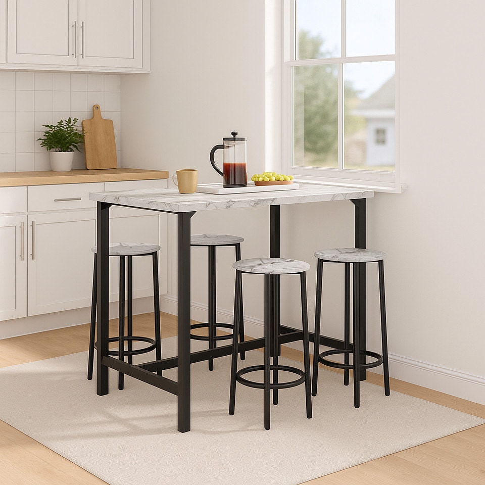 image 1 of CANCUN Bar Table & Stools Set Kitchen Dining Breakfast Industrial Furniture | Multi | 5 Piece White Marble