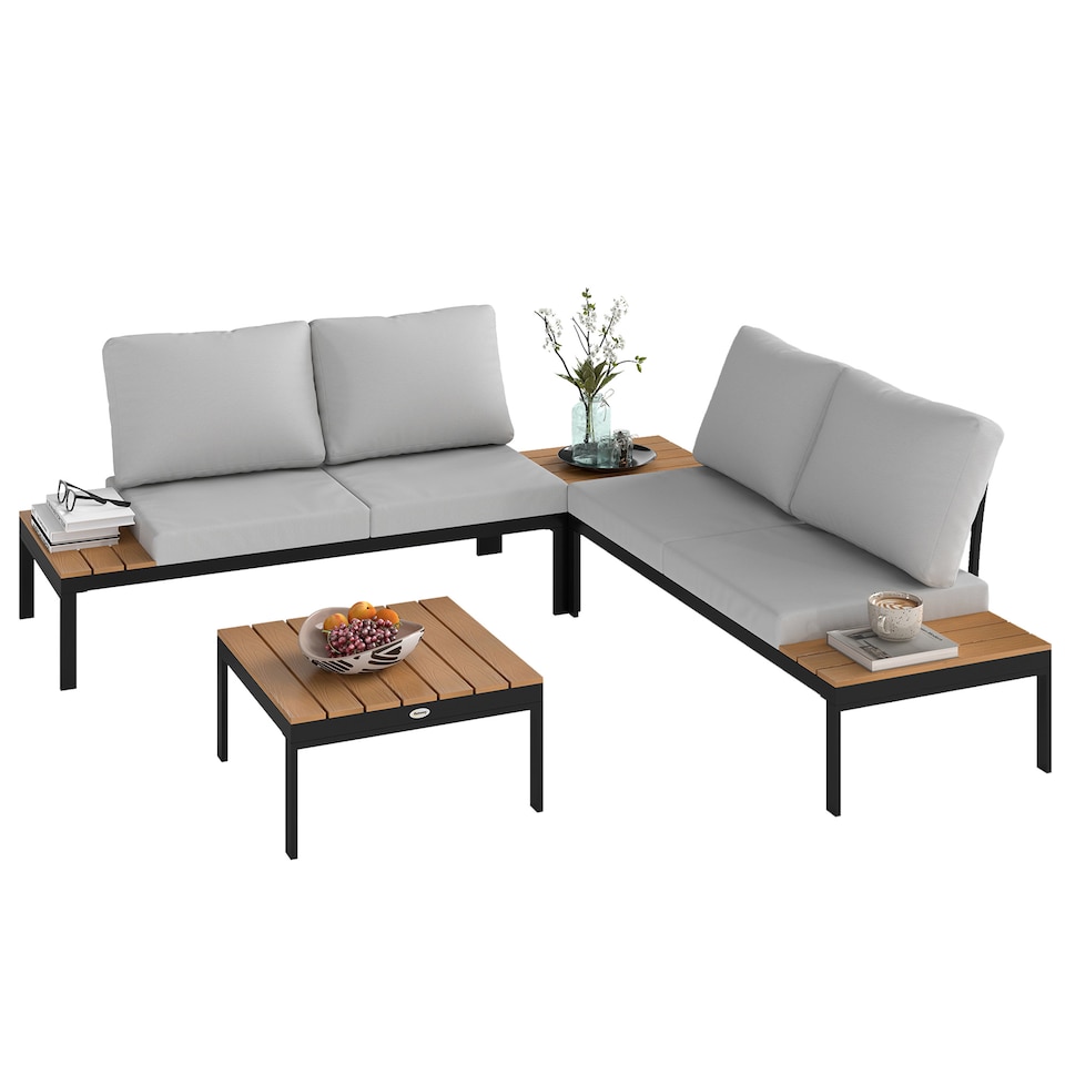 image 1 of Outsunny 4 Seater Garden Corner Sofa Set with Removable Thick Cushions Teak