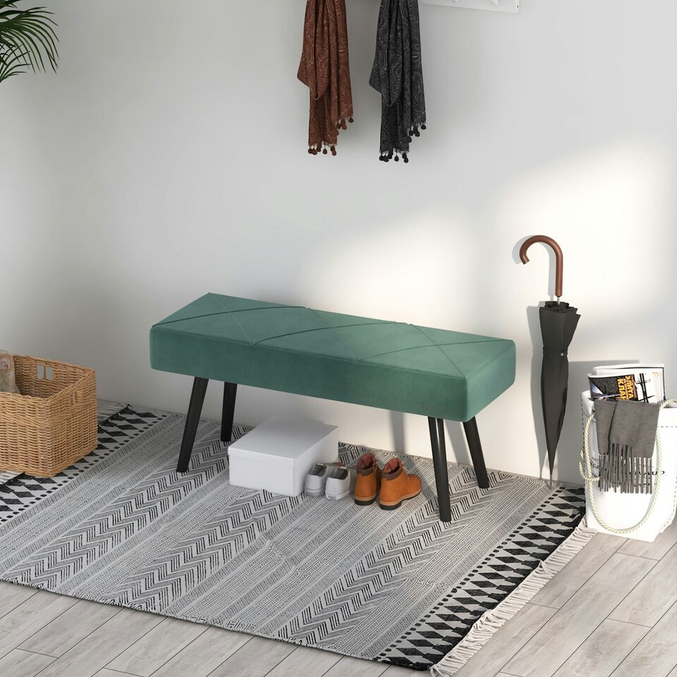 image 1 of HOMCOM End of Bed Bench, Upholstered Hallway Bedroom with Steel Legs, Green