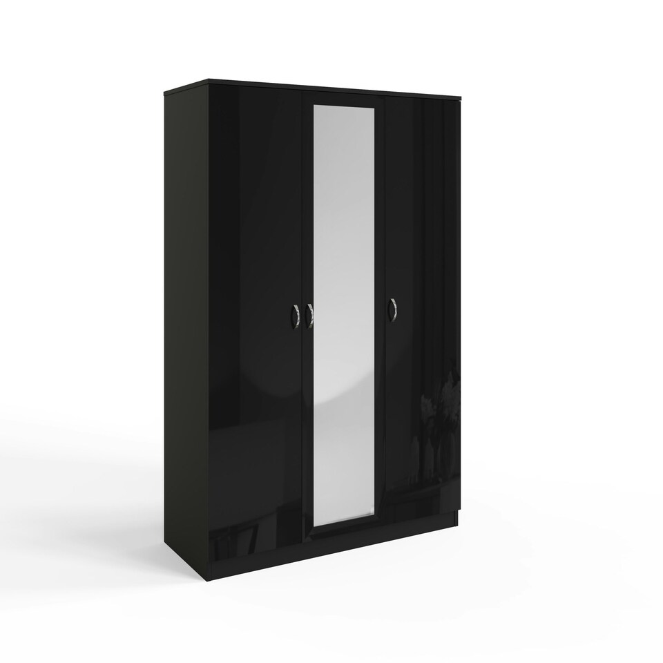 image 1 of FWStyle Chilton 3 Door Wardrobe With Mirror - Black Gloss Front Black