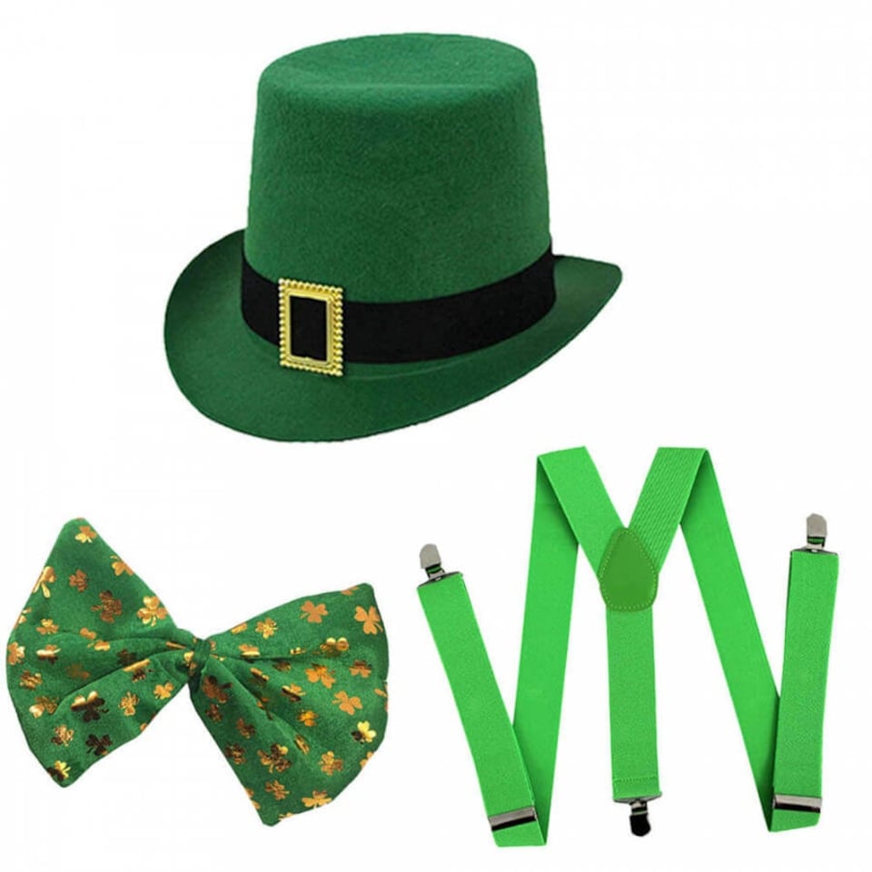 image 1 of Pack of 6 Irish Buckle Hat, Bow Tie + Braces Green | One Size