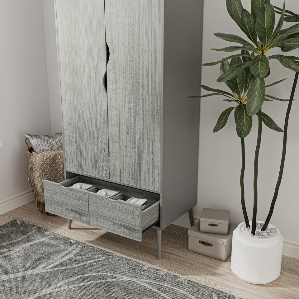 image 1 of Malmo 2 Door 2 Drawer Wardrobe with Scandi Legs Cupboard Hanging Rail 180cm | Multi | Grey Ash Grey | 1