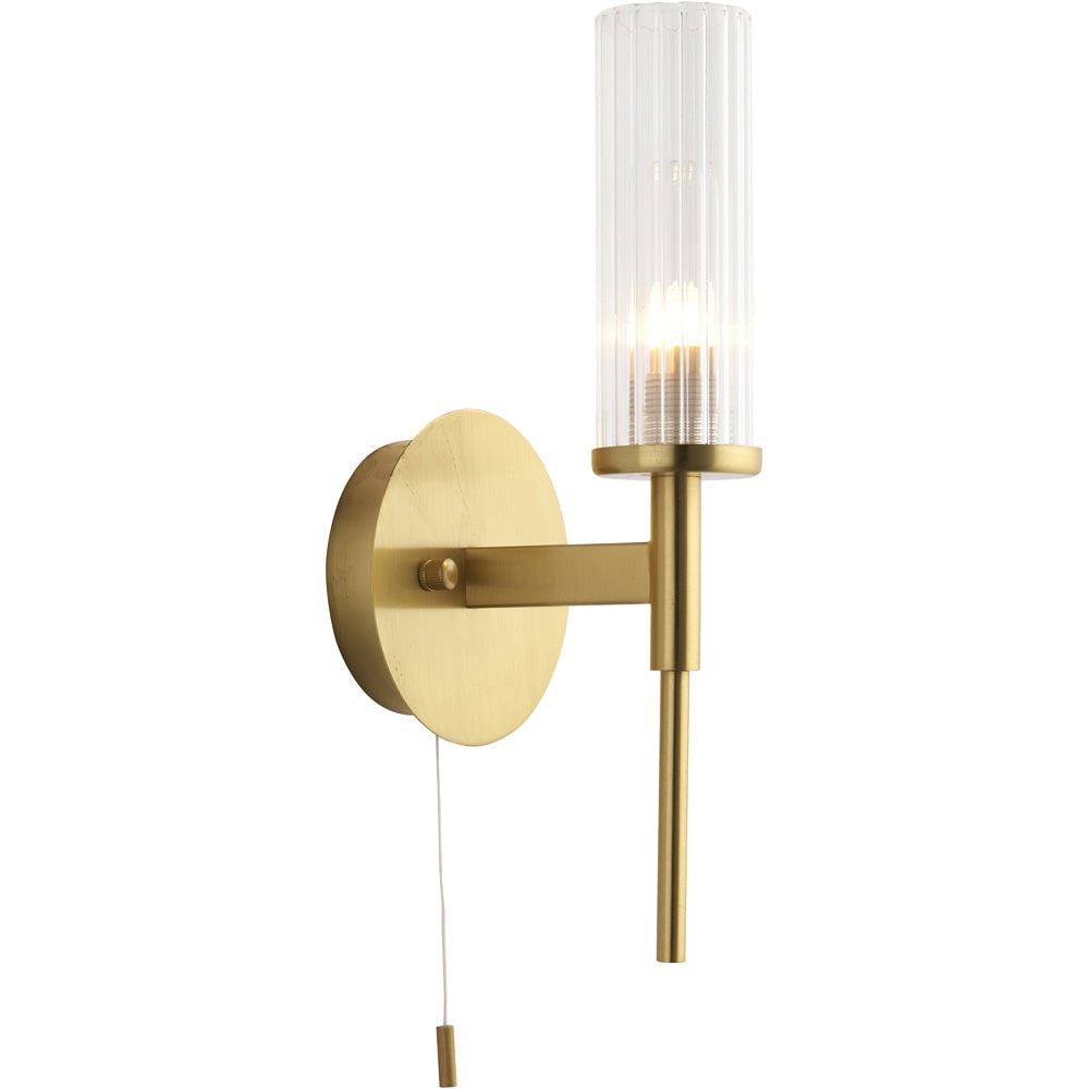 Bathroom Satin Brass Plate Wall Light - Clear Ribbed Glass Shade - Non-Dimmable 3W LED G9