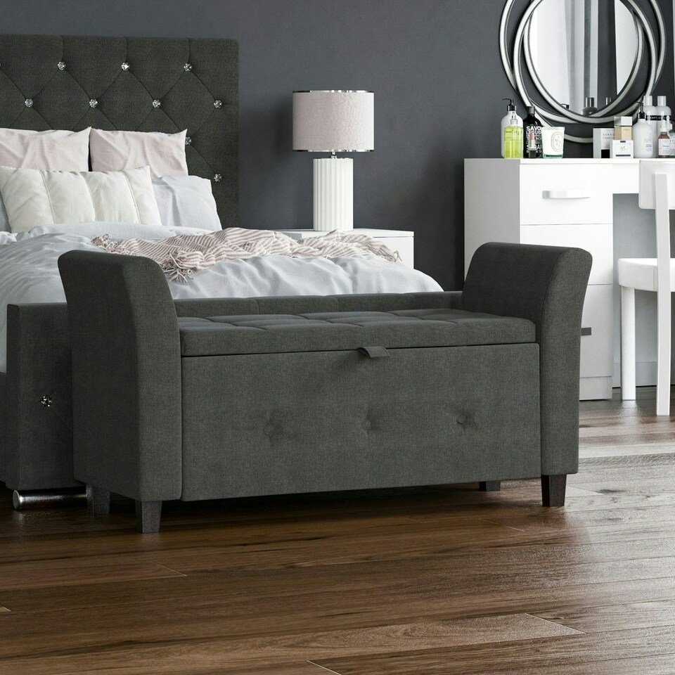 image 1 of Vida Designs Seville Storage Ottoman Bedroom Hallway Chest Bench, Dark Grey Linen Grey | Dark Grey Linen